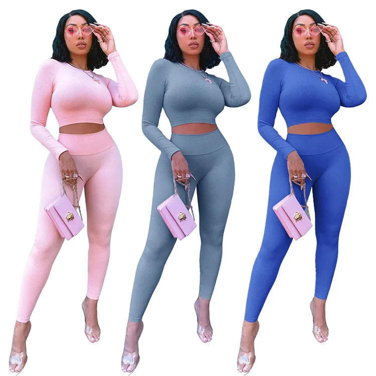 

QC - 6046 New arrival knitting long sleeve sexy women clothing top and long pants casual wholesale women s two piece sexy outfit, Customized color