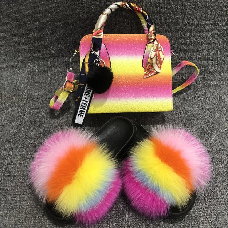 

Mix Colors Rainbow Bag For Women Fox Fur Slides Slippers with jelly bag PVC matte colorful handbag jelly purse and Slippers