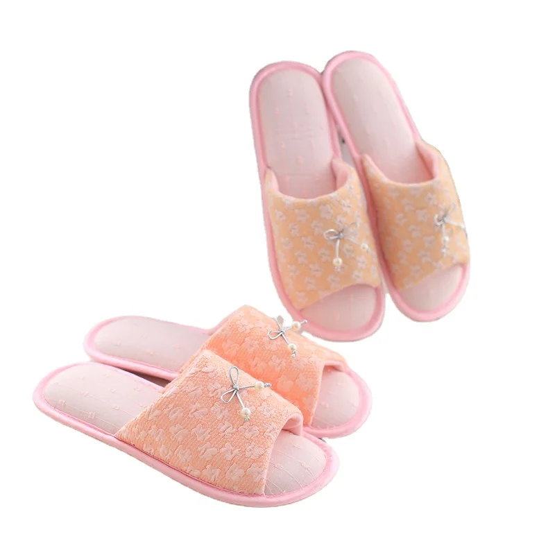 

Summer new style silk pearl bow open-toed slipper women home indoor antiskid breathable slippers