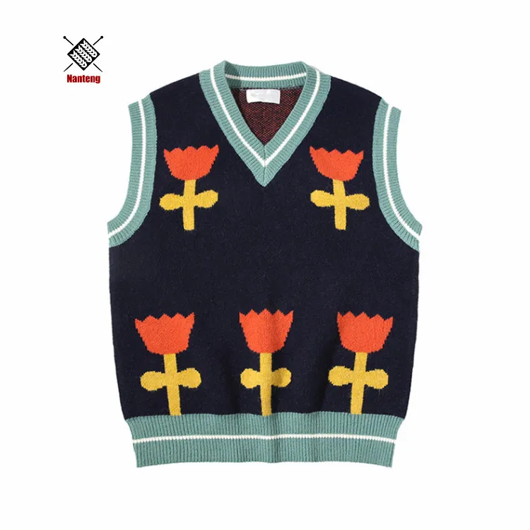 

Autumn Winter Custom Logo Jacquard V Neck Men Vest Knitted Sweater