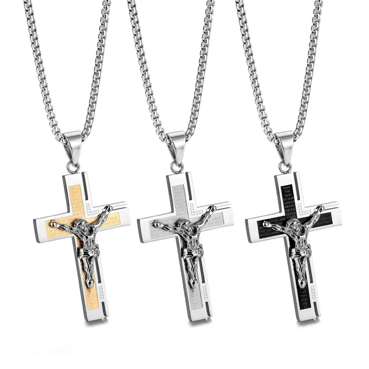 

High end gift jewelry mens silver chains engraved letter bible custom jesus cross pendant necklace
