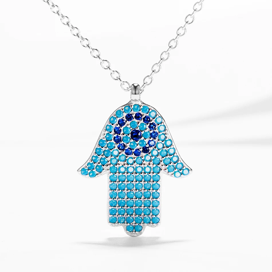

Authentic 925 Sterling Silver Blue Eye Necklace Hand of Fatima Pendant Necklaces Women Jewelry Gift