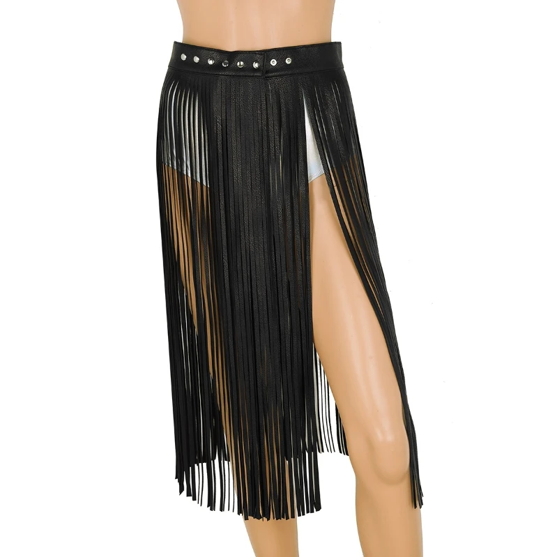 

iEFiEL Women Leather Skirts Waistband Long Fringe Tassel Skirt Belt Hippie Boho Black Clubwear