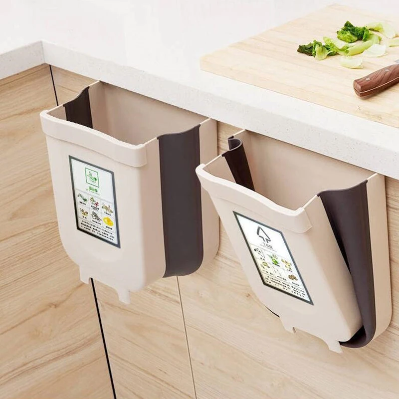 

Big Folding Waste Bin Kitchen Cabinet Door Hanging Trash Wall Mounted Trashcan Kitchen Accessories Waste Storage, White, brown