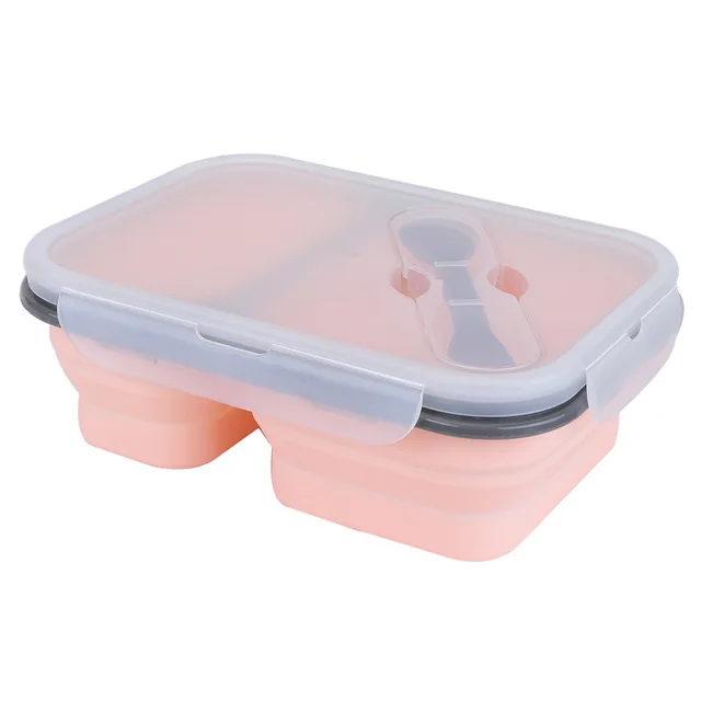 

Portable Food Container Set Silicone Folding foldable Collapsable Food Bento Lunch Box with 2 compartments, Blue ,green ,light gray,pink