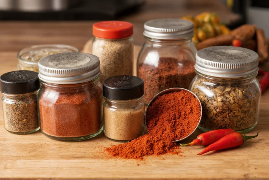 Various spice jars including ground red chili pepper arranged on wooden kitchen surface