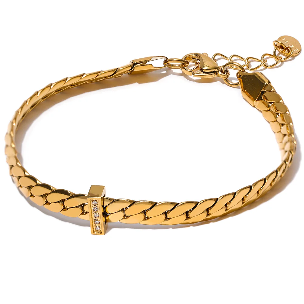 

JINYOU 1677 High Quality 18K Gold Plated Cuban Chain Stainless Steel Bracelet Bangle Zircon Statement Fashion Waterproof Jewelry