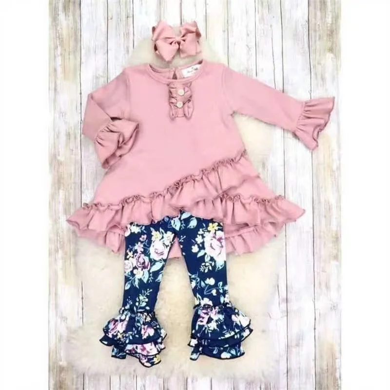 

PINK ruffle flower outfit boutique toddler children wholesale RTS NO MOQ high quality kids clothing baby christmas pajamas