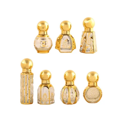 

10ml/15ml Gold Arabic Crystal Essential Oil Bottles Attar Oud Glass Perfume Bottles with Roller Dropper Sticker