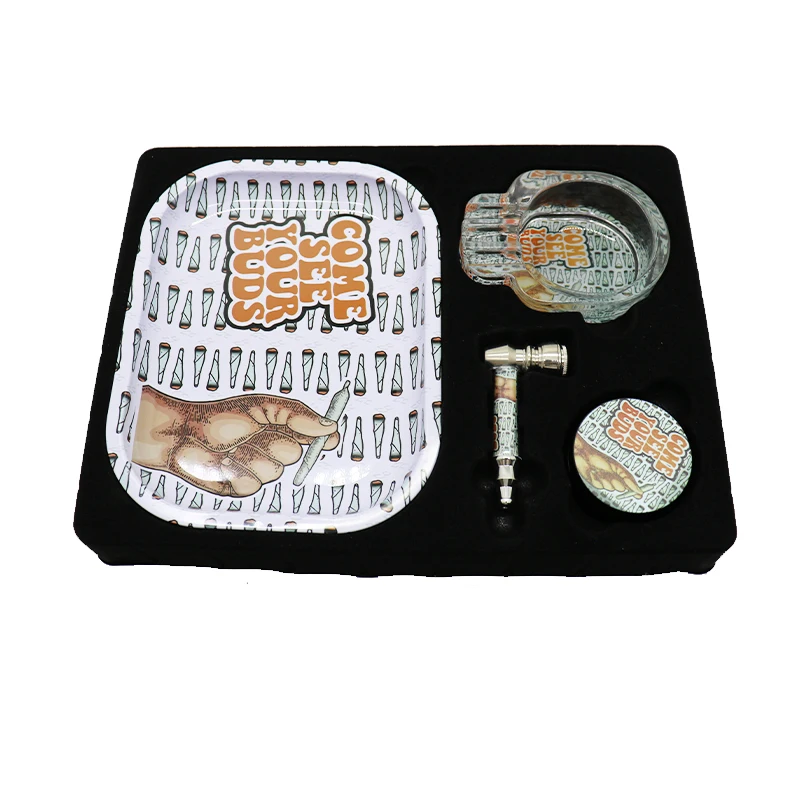 

RTS 4 pcs rolling tray sets wholesale with 50mm grinder 180*140mm rolling tray glass ashtray smoking pipe hemp accessories, As customer's request