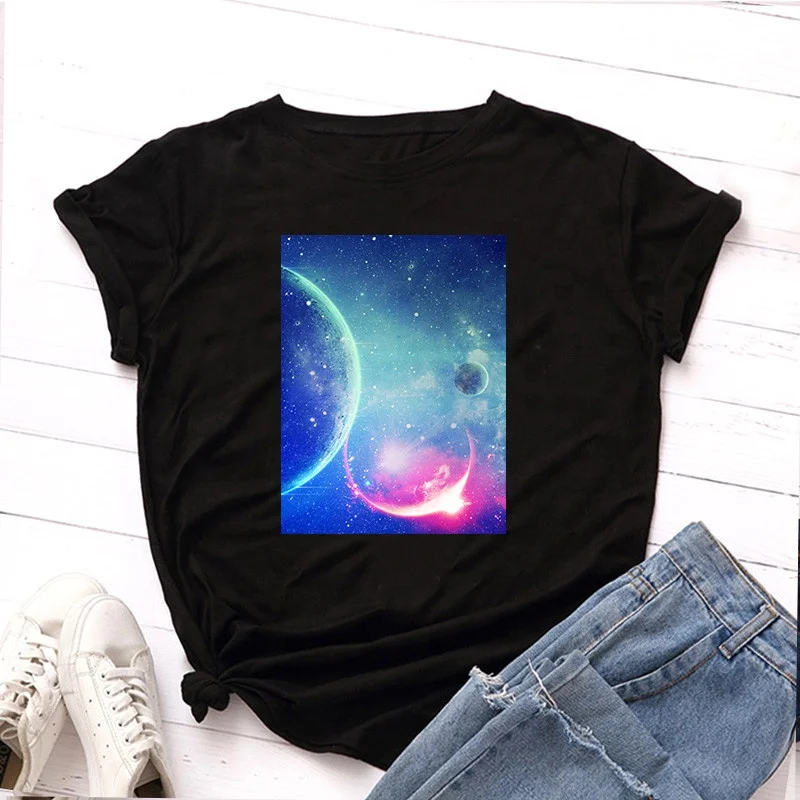 

Woman tee shirts printing galaxy stocklot low MOQ short sleeve high quality jersey shirt design adult xxl t shirts for women