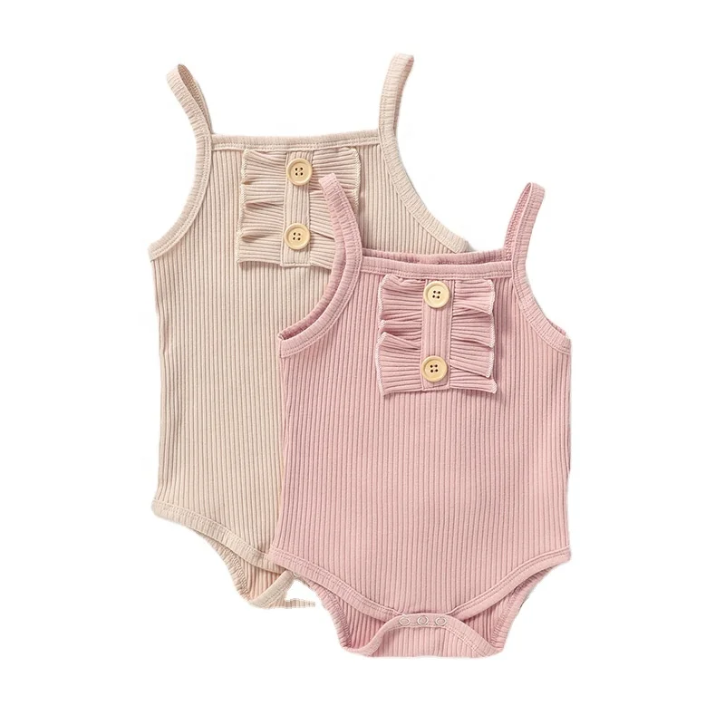 

OEM High Street Cotton Knitted Solid Color Ribbing Summer Comfortable Clothes Sleeveless Baby Girl Rompers