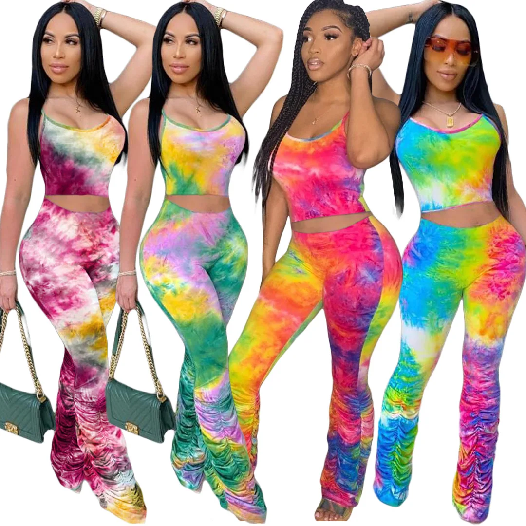 

New Arrivals Mixed Color Tie Dye neon clothing camisole Crop top and Ruched Bottom pant Summer 2021 two piece set, As picture or customized make