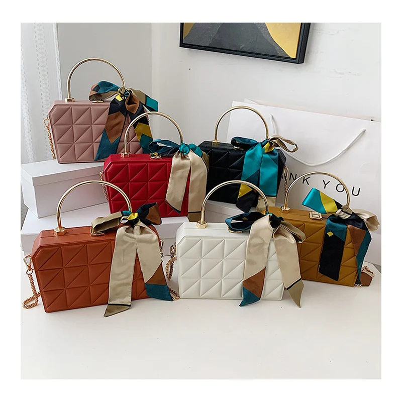 

Quilted Retro Luxury Brand Designer Box Bag Women's Bag 2021 New Fashion Scarf Metal Handle Shoulder Bag Evening Clutch Totes