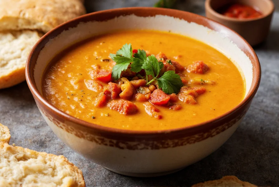Finished bowl of creamy stuffed pepper soup topped with fresh parsley and served with crusty bread