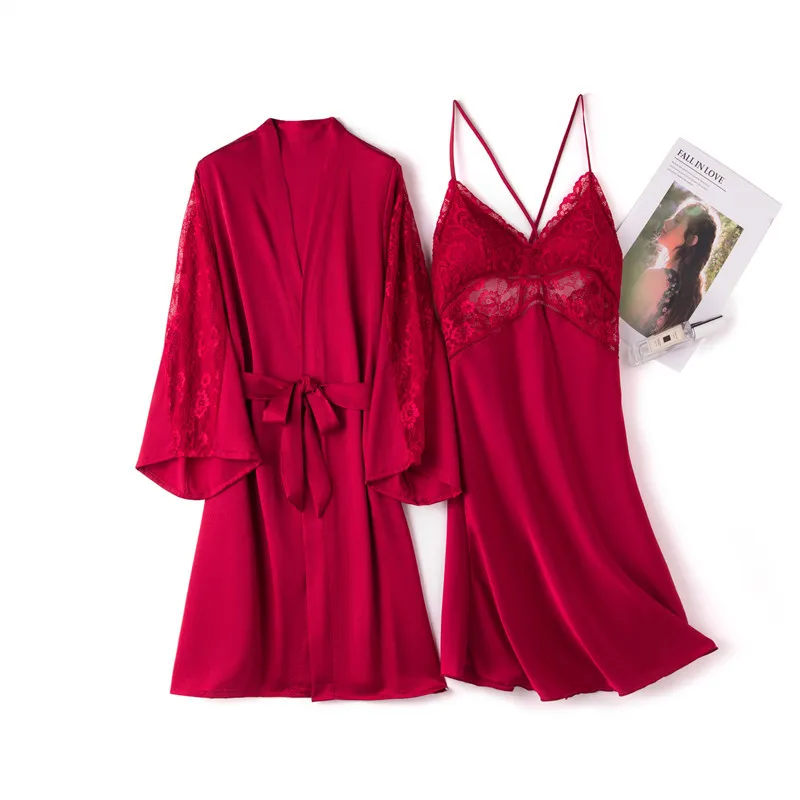 

Women fashionable spaghetti strap satin cute pink sexy sleeping dress with kimono robe 2 pieces set, Refer to the picture