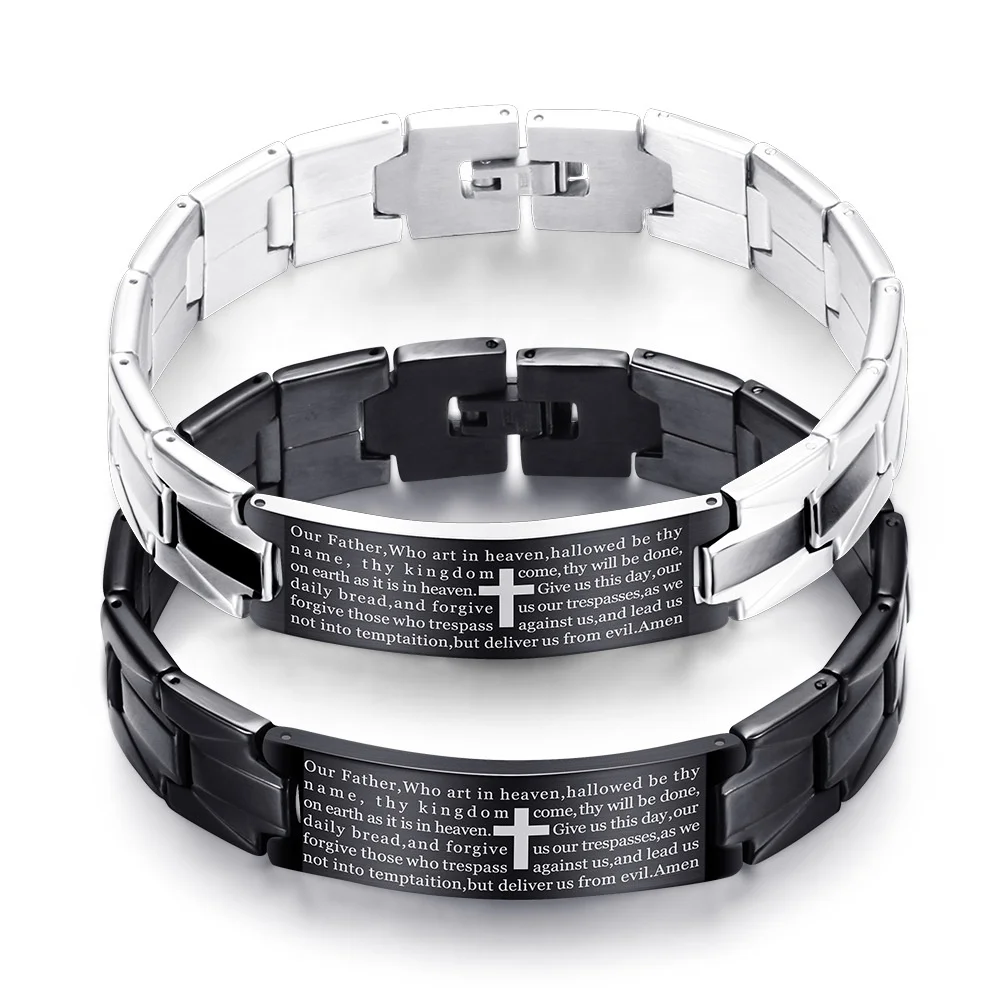 

New Trendy Jesus Christian Lord Prayer Keeper Stainless Steel Link Chain Cross Bangles Fashion Jewelry Design Wristband Bracelet, White,black