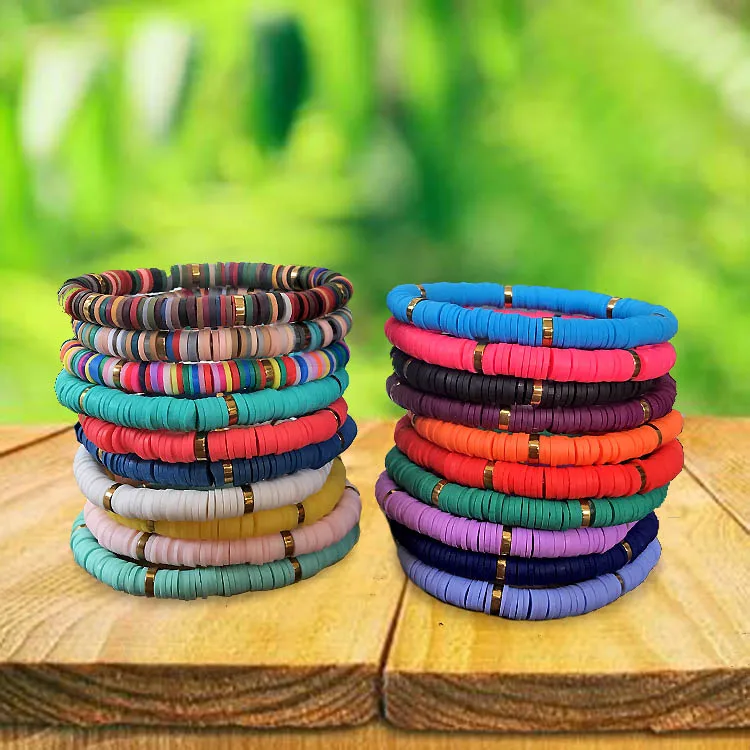 

BP1005 Trial Jewelry Colorful Bohemian African Vinyl Discs Polymer Clay Disc Heishi Beads Elastic Bracelets