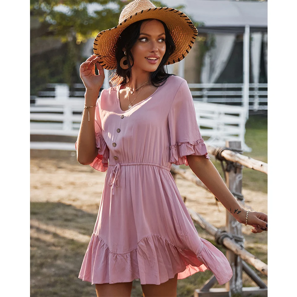 

Woman Dresses New Arrivals 2021 Summer Lady Elegant Casual V Neck Dress Women Clothing Wholesale