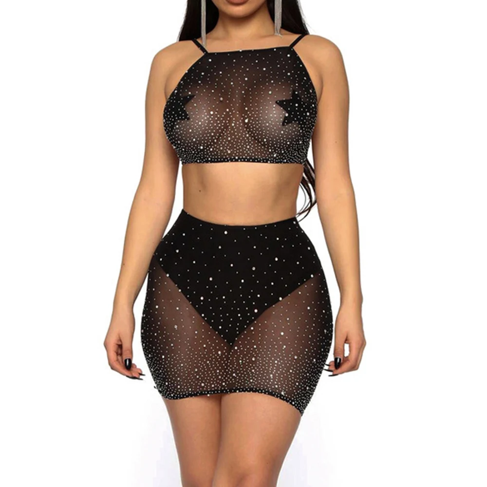 

New High Stretched Large Size Rhinestone Diamond Club Top Hip Skirt Clothing Hot Transparent Two Piece Sets Women Sexy Lingerie, Black