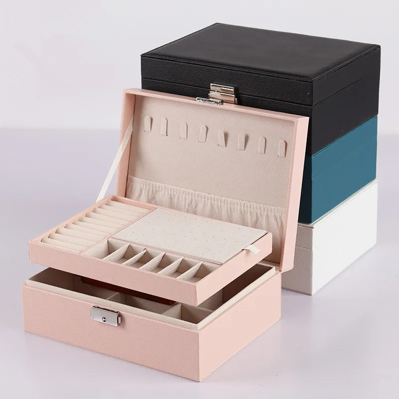 

New Jewelry Holder Gift Box Double-Layer Velvet Jewelry Box European Jewelry Storage Box Large Space, White, black, gray, green, pink, light pink