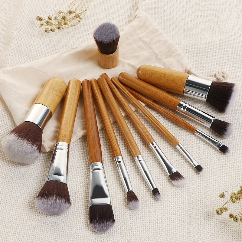 

HCS 11pieces Bamboo Wood Makeup Brush Set with Burlap Bag Powder Eyebrow Blush Make Up Brushes, Wood color