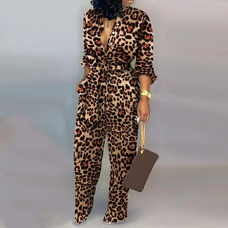

B3184 2021 Leopard Tied Waist Long Sleeve Jumpsuit women