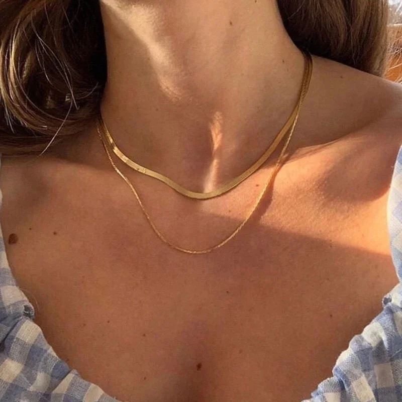 

18K Gold Plated Stainless Steel Punk Double Layered Flat Snake Chain Choker Necklaces For Women