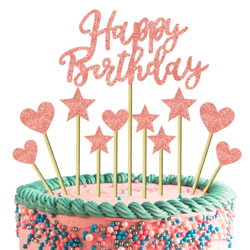 

DAMAI Glitter Happy Birthday Cake Topper for Birthday Party Decoration Star Heart Cake Topper for Kids Birthday Supplies