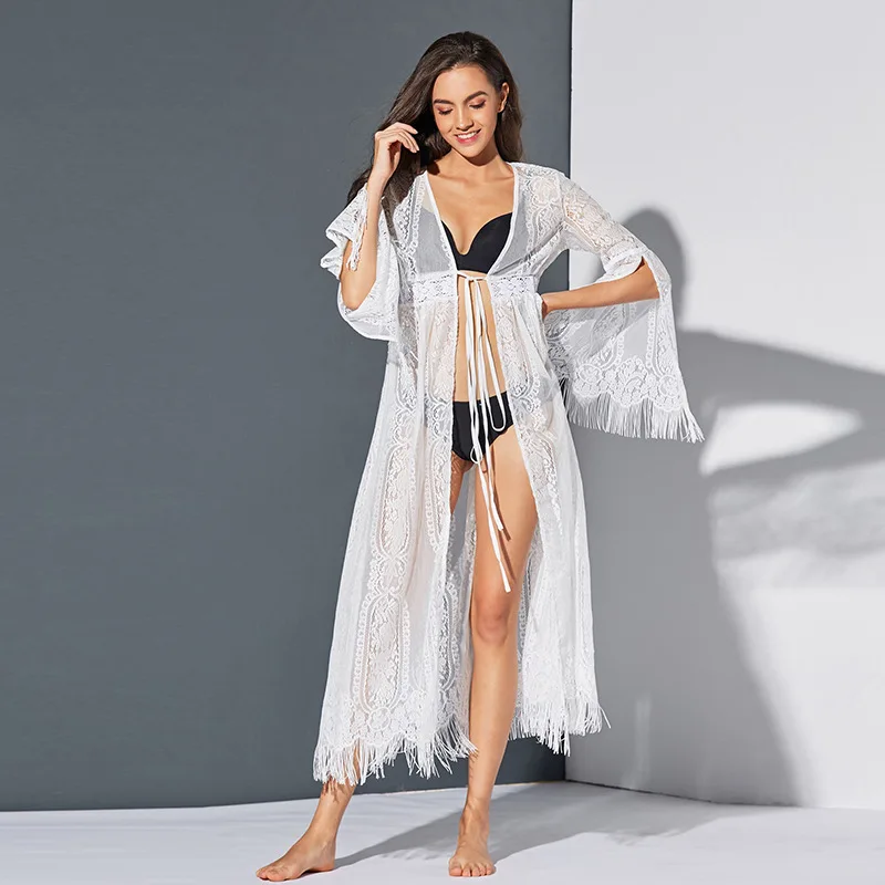 

Hot Selling Fringe Mesh Long Sleeve Swimsuit One Piece V Neck Wrap White Womens Swimwear Cover Ups