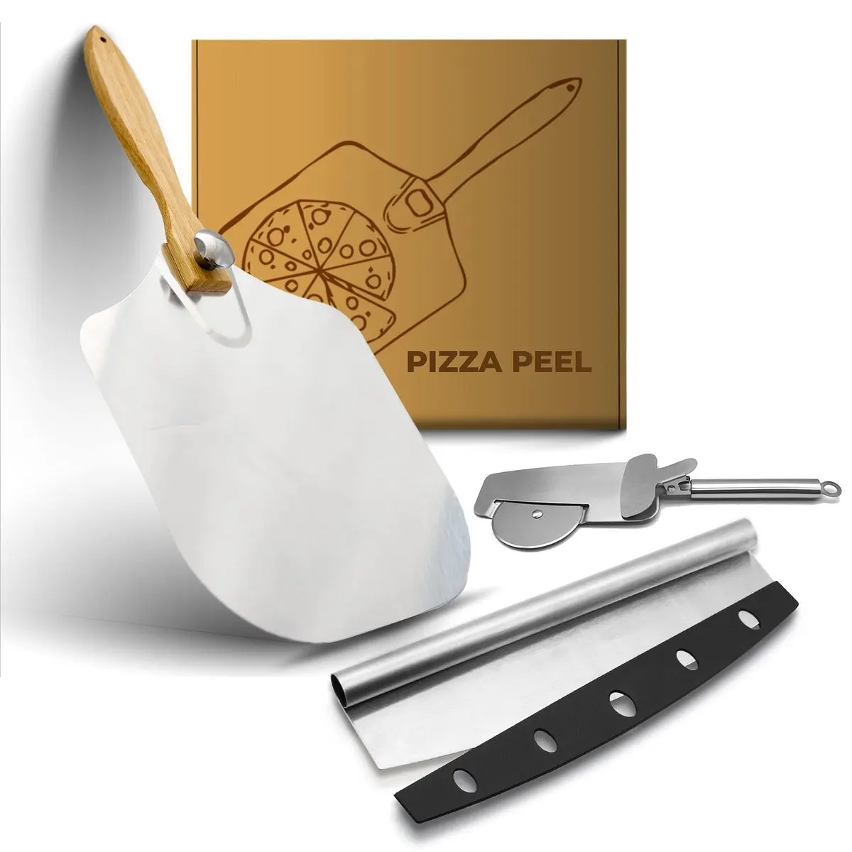 

Pizza Peel Tools Set Aluminum Metal Pizza Peel 12"x12" with Foldable Wood Handle and Stainless Multifunction Pizza Cutter