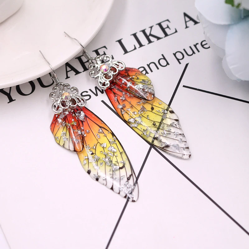 

Elu jewelry RTS Wholesale New Design Alloy Rhinestone Gold Foil Colorful Long Cicada Butterfly Wing Earrings For Women Jewelry