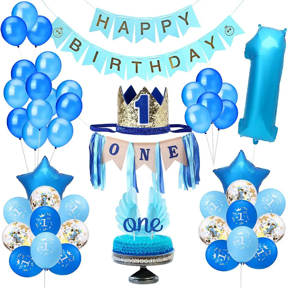 Umiss Paper Amazon Hot Sell Blue Theme 1st Boy Birthday Party Supplies Banner Balloons Kids Party Decorations Set