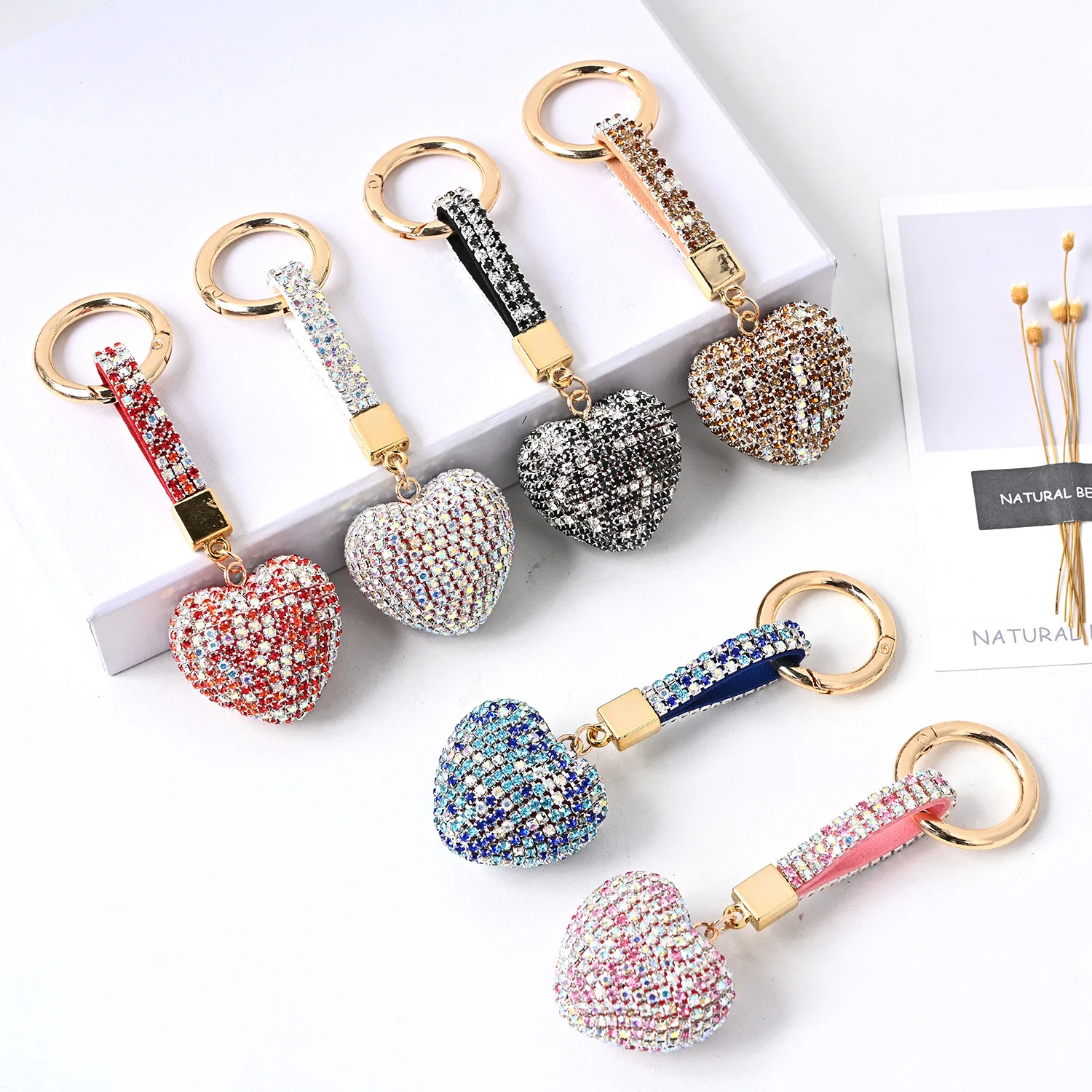 

Korean Wholesale Full Diamond Heart Beautiful Key chain DIY Anti Loss Crystal Pendant Keychain For Women Bag Accessories