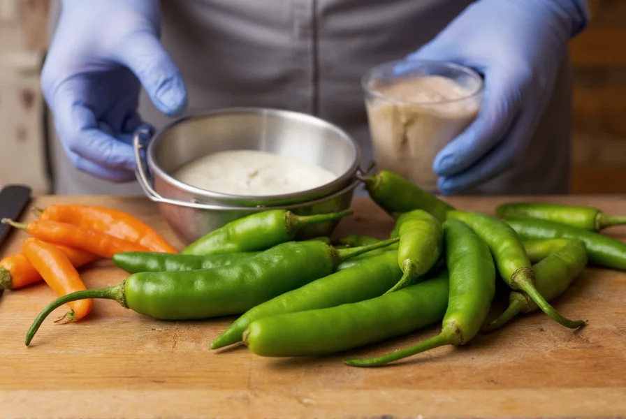 Close-up of ghost peppers next to ranch dressing ingredients showing proper handling with gloves