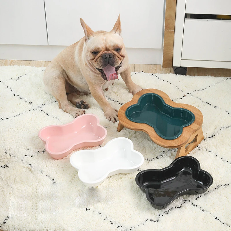 

Ceramic Dog Feeder Elevated Bamboo Pet Cat Table with Ceramic Bowls Anti-Slip 15 Degree Tilted Neck Care Cats Dogs Feeding Bowl