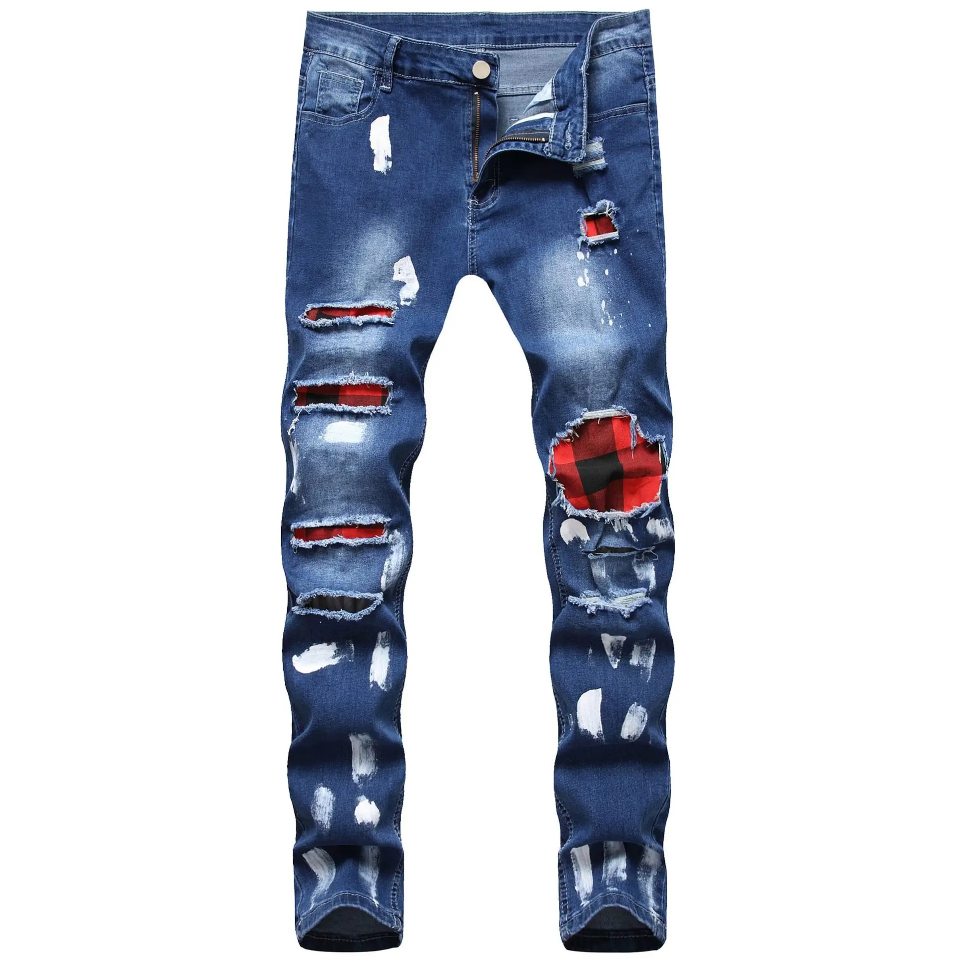 

New Style High Quality Denim Mens Stacked Jeans Casual Slim-fitting Lacquer Ripped Holes Small Feet Pant