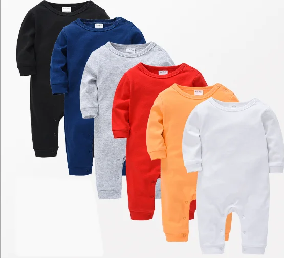 

2021 spring new Infant clothing OEM printing baby plain-color one-piece infant baby bodysuit romper, White/blue/red/gray/black/orange