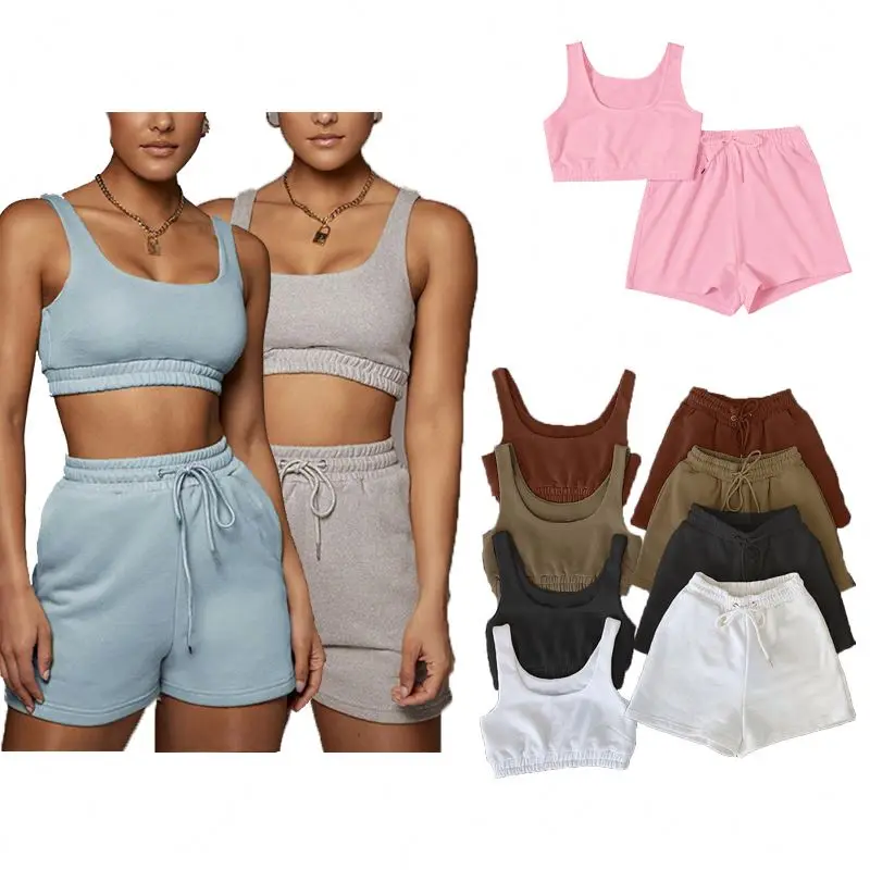 

New Arrival 2021 Summer High Waist Lace Up Fashion Casual Gym Sport Shorts Crop Tank Top Suit Womens, As picture