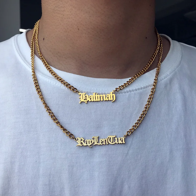 

Customized Stainless Steel Nameplate Necklace Personalized Old English Chunky Chain Gold Plated Names Necklace