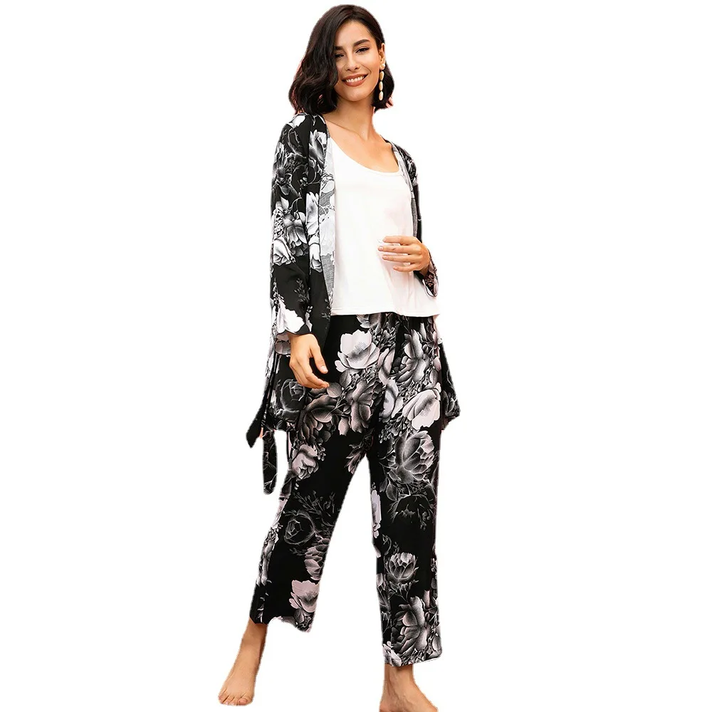 

Homewear three-piece set autumn and winter flower pattern robe trousers solid color suspender pajamas