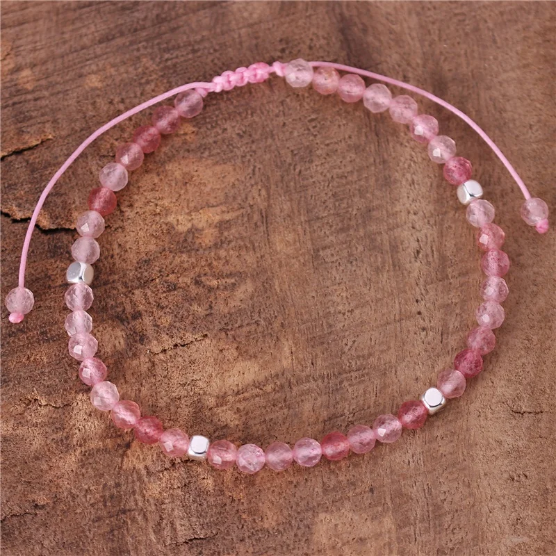 4mm Strawberry Quartz Beads Dainty Bracelet Gemstone Cord Braided Tibetan Adjustable Friendship Bracelet Women Jewelry Wholesale