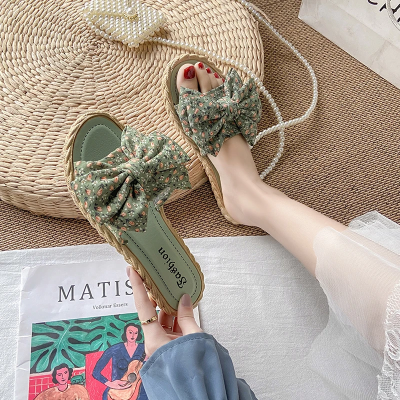 

2021 new color floral fabric bow flat non-slip slippers beach sandals