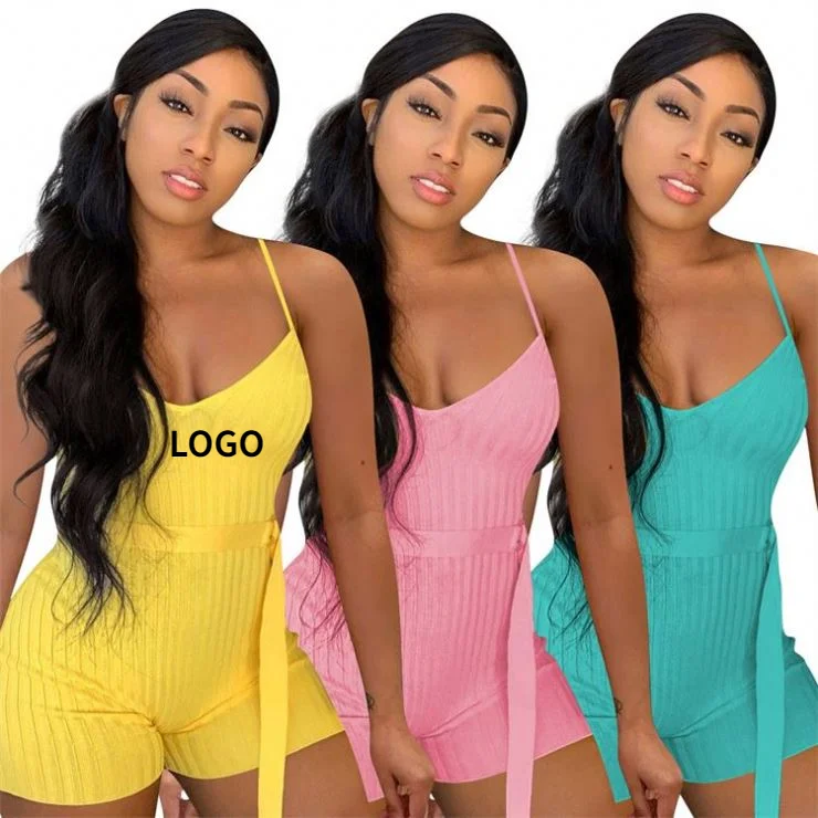 

Hot Sale Solid Color Suspender Rib Fabric Women Casual Bodycon One Piece Jumpsuits Short Rompers With Belt