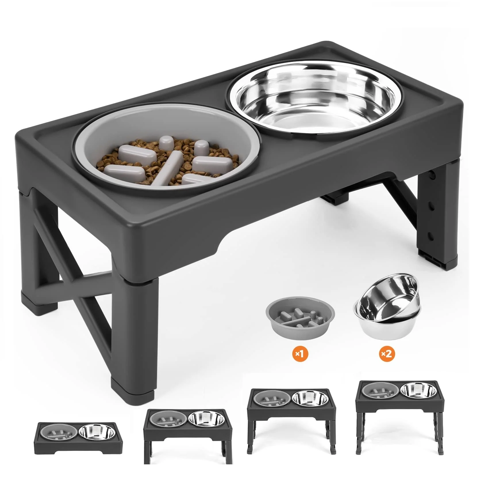 

Elevated Dog Bowls 4 Adjustable Heights Raised Stand with Slow Feeder Bowl 2 Stainless Steel Food & Water Bowls