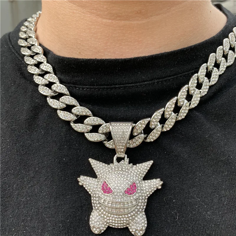 

Hip Hop Iced Out Gengar Bling Ghost Alloy Gold Silver Color Pendant & Necklace For Men Women Jewelry With Chains, As the picture shown