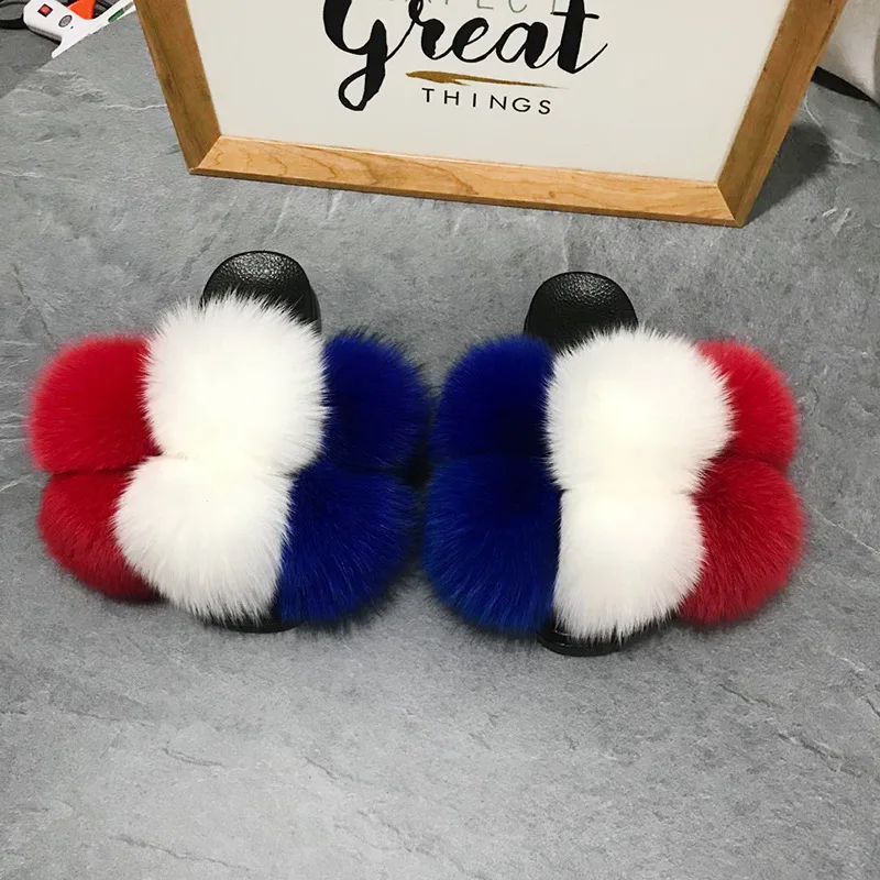 

2021 factory direct winter sale soft plush indoor white fur women's luxurious slippers with fox fur, Customized color