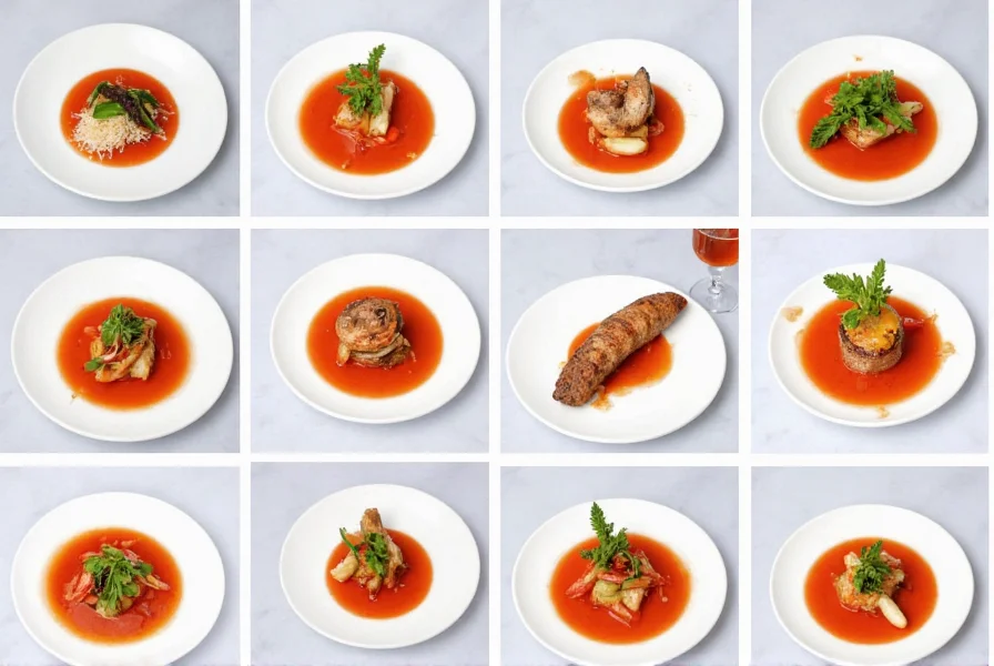 Multiple serving plates showing different plating techniques using red pepper coulis with various proteins and vegetables