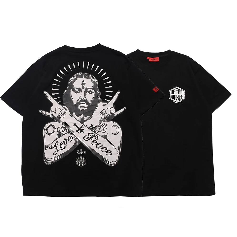 

Cool Jesus Print Custom Summer Tops Trench Youth Urban Streetwear Hip Hop Tee Clothing Men Short Sleeve O Neck Cotton T Shirt, Black