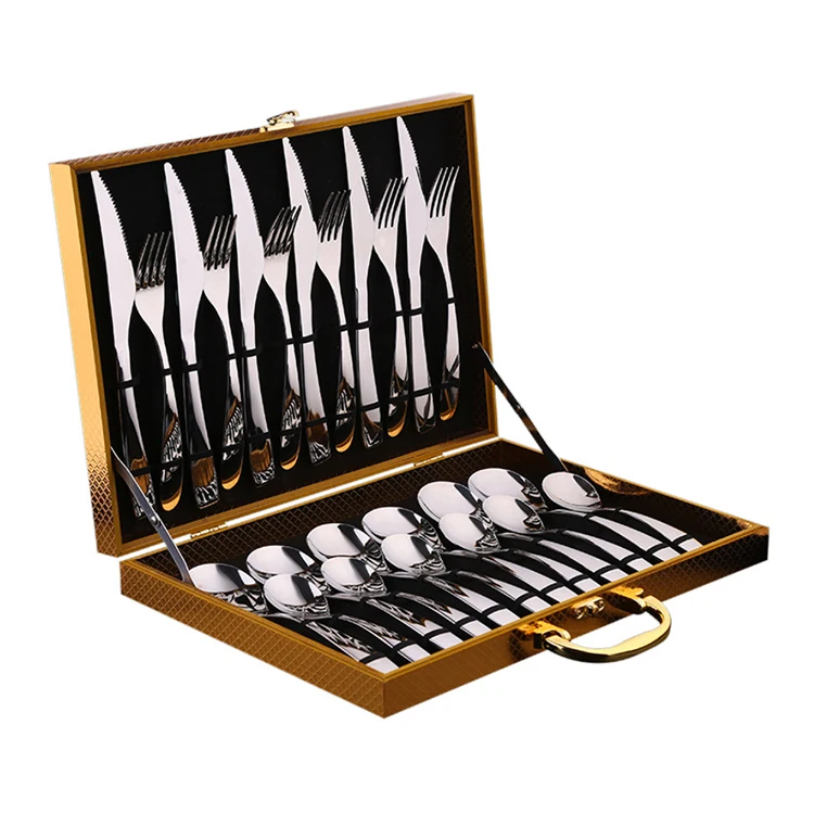 

A1144 24pcs Gold 304 Stainless Steel Western Tableware Set Kitchen Dinnerware Dish Knives Forks Spoons Steak Cutlery Set, Silver cutlery set